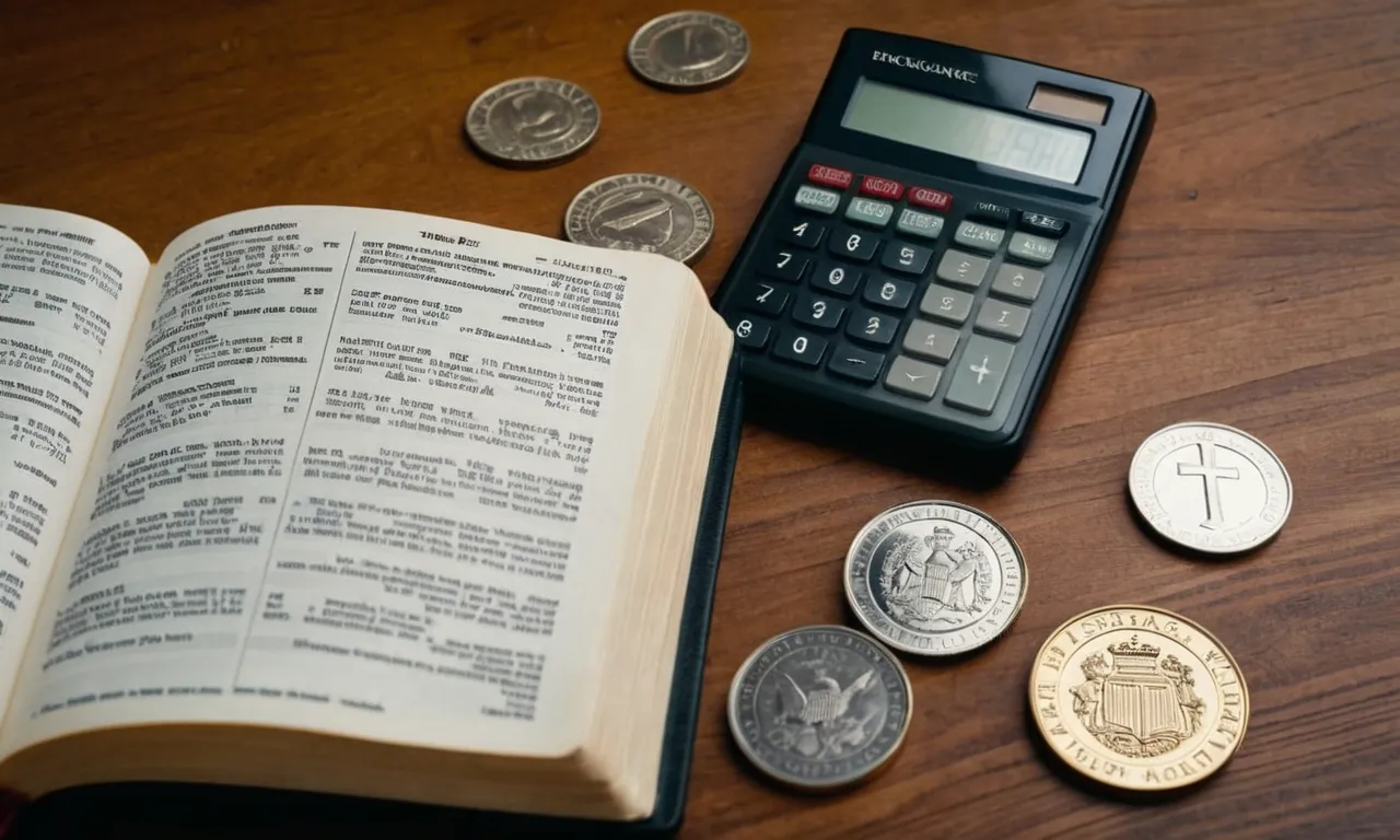 A close-up shot of an open Bible, displaying highlighted verses about finances, surrounded by a stack of coins and a calculator, symbolizing biblical guidance for managing wealth.