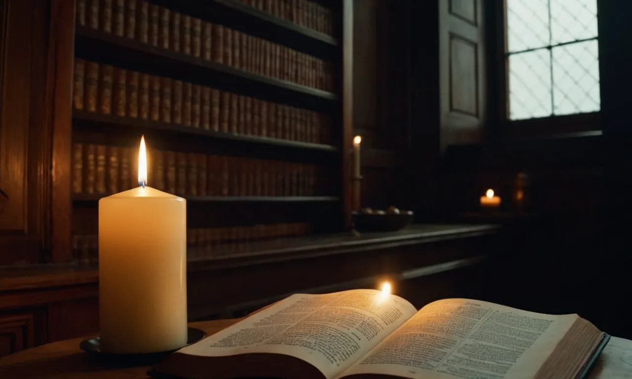A dimly lit room with a single flickering candle placed next to an open Bible, casting shadows and creating an atmosphere of mystery and spiritual contemplation.