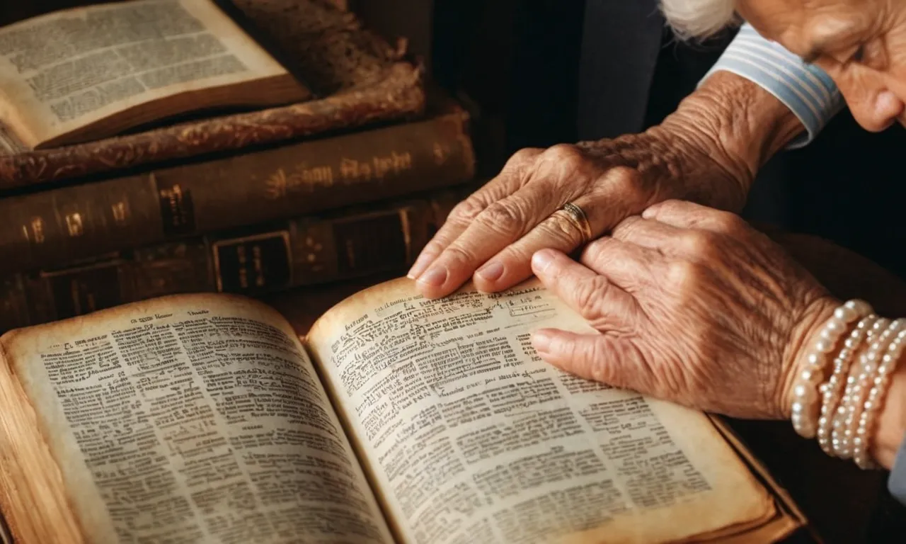 A gentle hand clasping a worn Bible, while weathered faces of grandparents lovingly gaze at their grandchild, embodying the wisdom, love, and guidance the Bible illuminates for generations.
