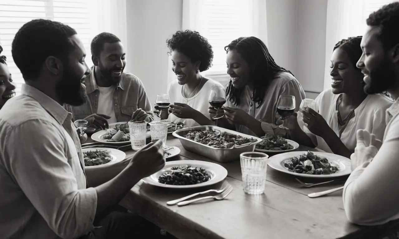 A captivating black and white photo captures a diverse group of people sharing a meal, embodying the biblical message of Jesus eating with sinners, promoting inclusivity and compassion.