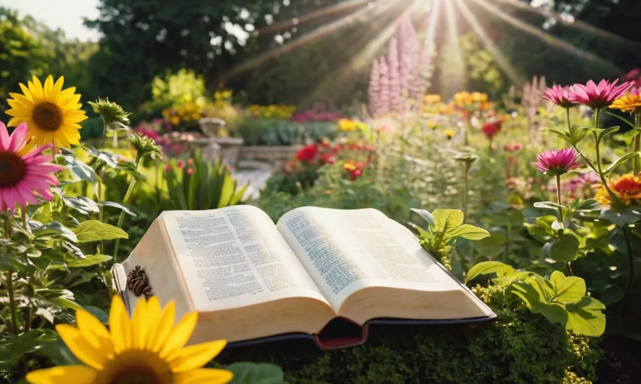 A photo capturing a serene garden with a Bible open to verses about health and wellness, surrounded by vibrant flowers and sunlight streaming through the pages, symbolizing spiritual guidance towards holistic well-being.