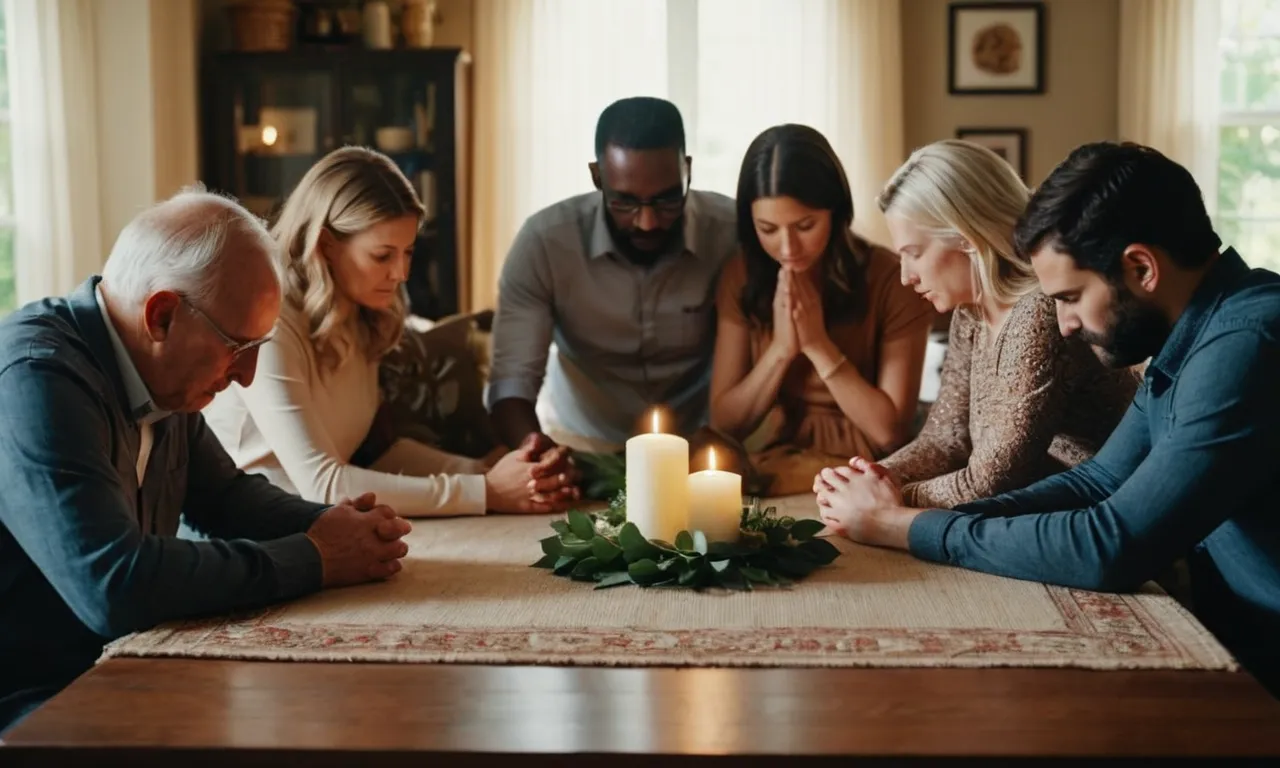 A photograph capturing a peaceful family gathered around a table, bowing their heads in prayer, symbolizing the biblical values of love, unity, and the importance of a nurturing home.