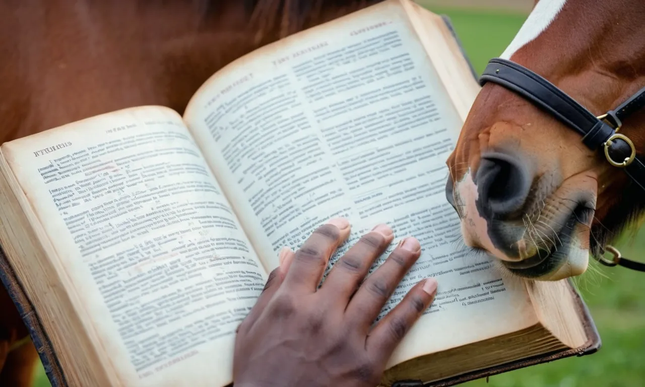 A close-up photo capturing the tender moment of a horse nuzzling a worn bible, symbolizing the bond between humans and these majestic creatures as mentioned in biblical passages.
