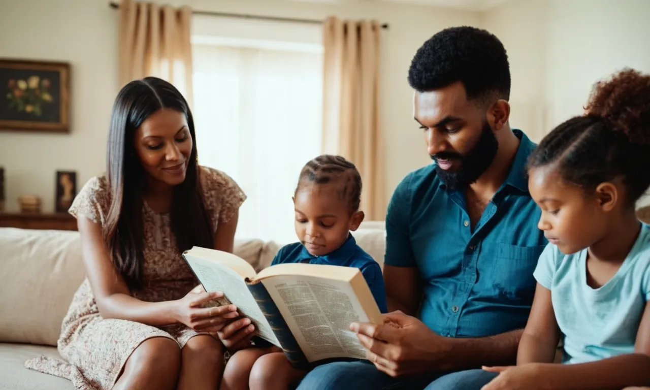 A photo capturing a husband reading the Bible, surrounded by his wife and children, symbolizing his commitment to spiritual leadership, love, and guidance in their family.
