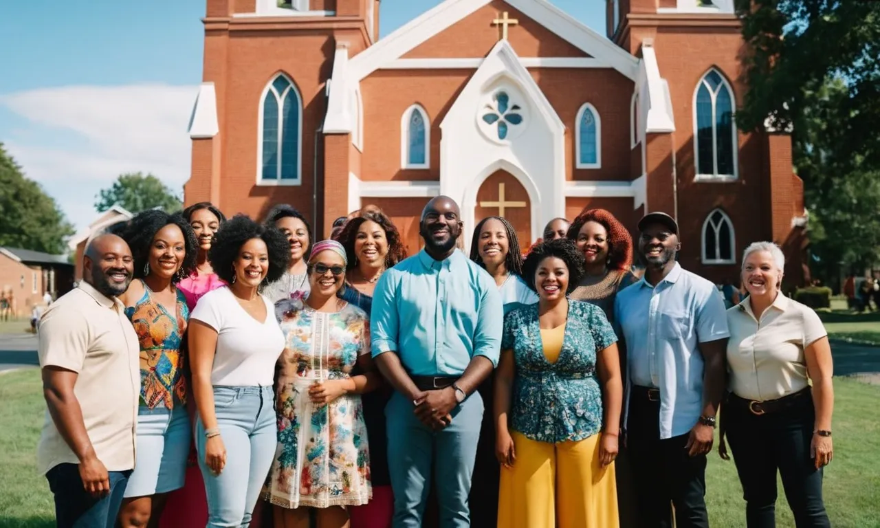 A vibrant photo capturing a diverse group of people, standing united in front of a church, symbolizing the Bible's message of inclusivity, acceptance, and the power of unity.