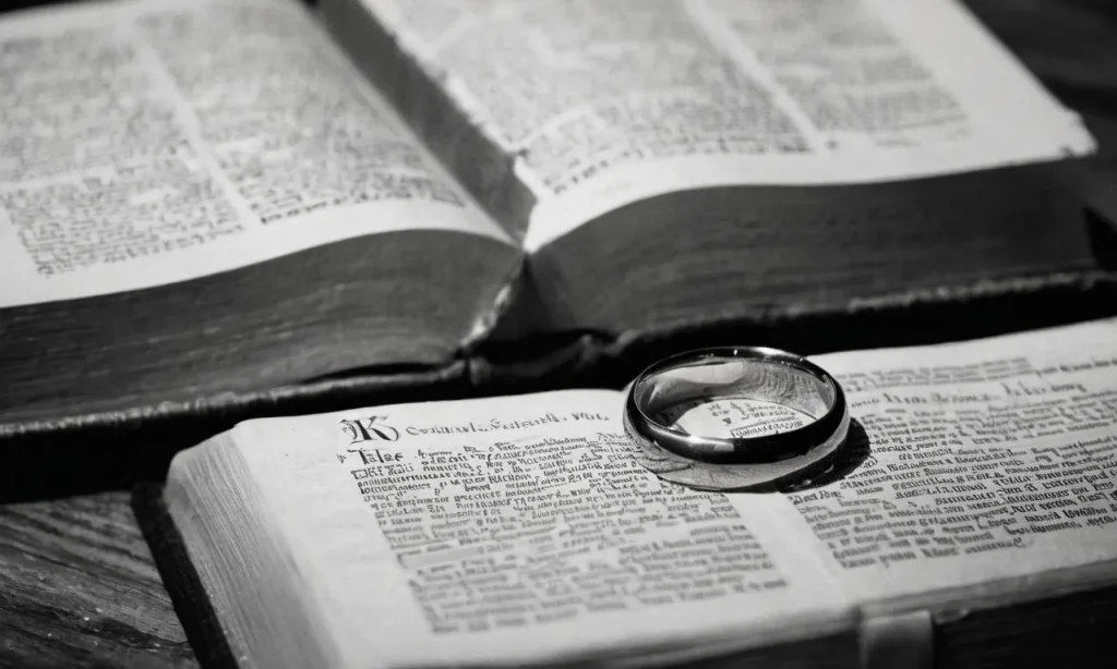 A black and white photograph captures a wedding ring left abandoned on a Bible, symbolizing the pain and betrayal caused by infidelity, while reminding us of the biblical teachings on faithfulness.