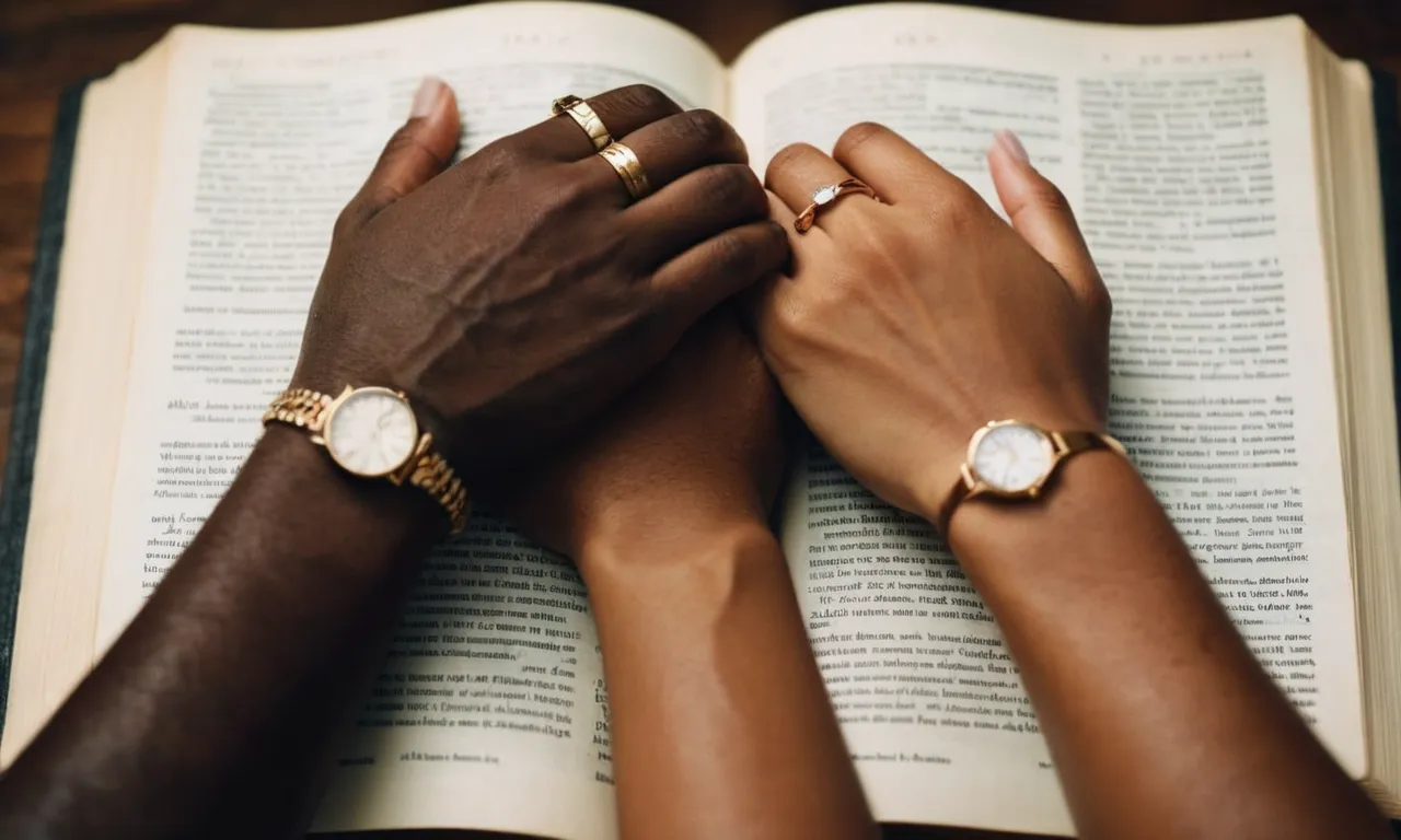 A photo depicting a diverse couple holding hands, surrounded by an open Bible, symbolizing unity, equality, and the message of love transcending racial boundaries.