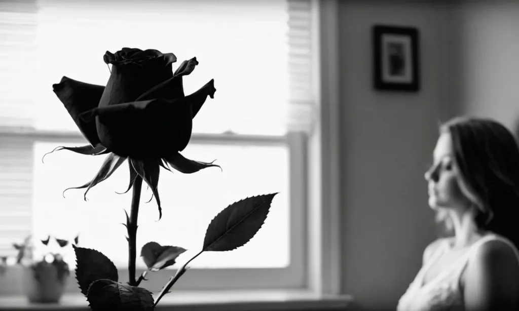 A black and white photo captures a wilted rose, symbolizing insecurity, while a dark silhouette of a person gazes longingly at a vibrant bouquet, representing jealousy, revealing the inner struggles addressed in the Bibl