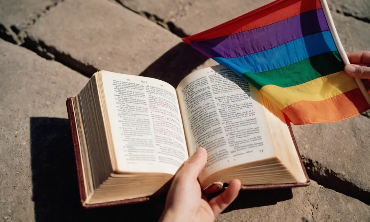A photo capturing hands holding a Bible open to a passage, with a rainbow flag gently resting on top, symbolizing the ongoing dialogue between faith and LGBTQ+ equality.