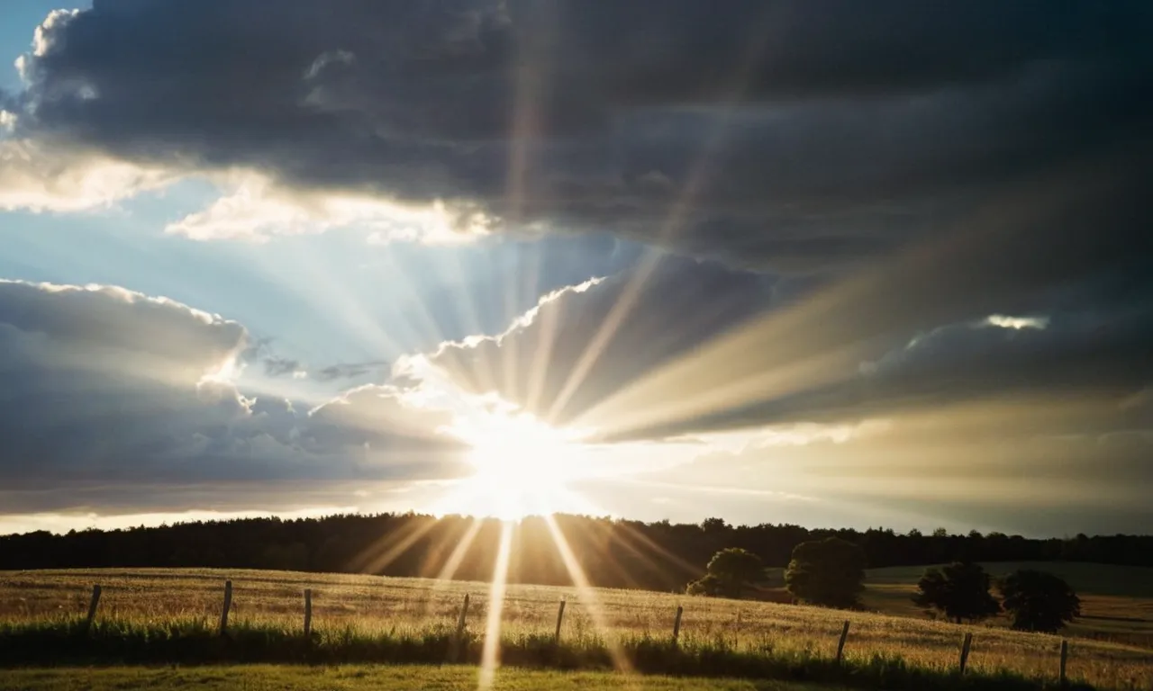 A photograph capturing a serene sunrise with rays of light breaking through dark clouds, symbolizing hope, resurrection, and the promise of eternal life as described in the KJV Bible.