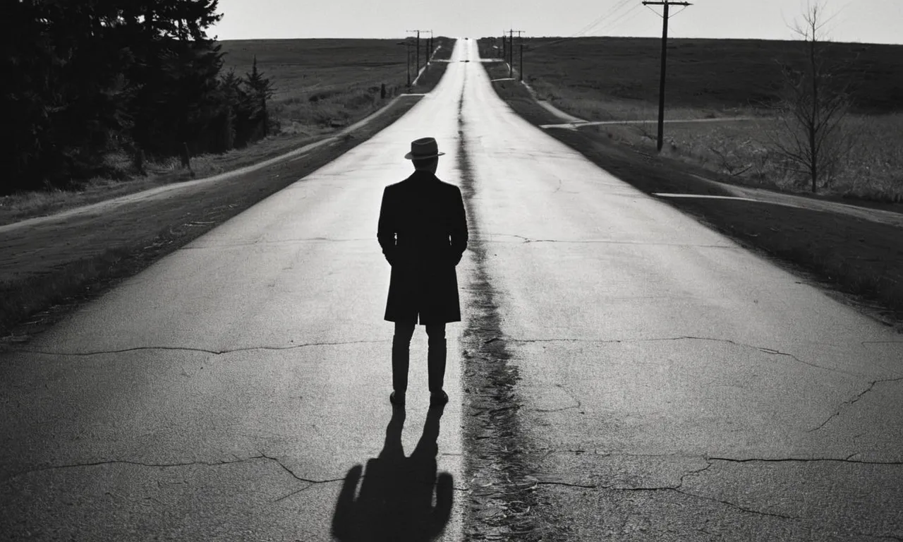 A black and white photo captures a person standing at a crossroad, torn between two paths, their gaze fixed ahead while their shadow lingers behind, symbolizing the cautionary message of not dwelling on past mistakes.