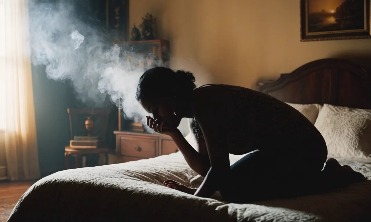 A dimly lit bedroom, a person peacefully asleep, and a faint silhouette of their loved one reaching out from a dream-like mist, symbolizing the spiritual connection between the physical and the divine.