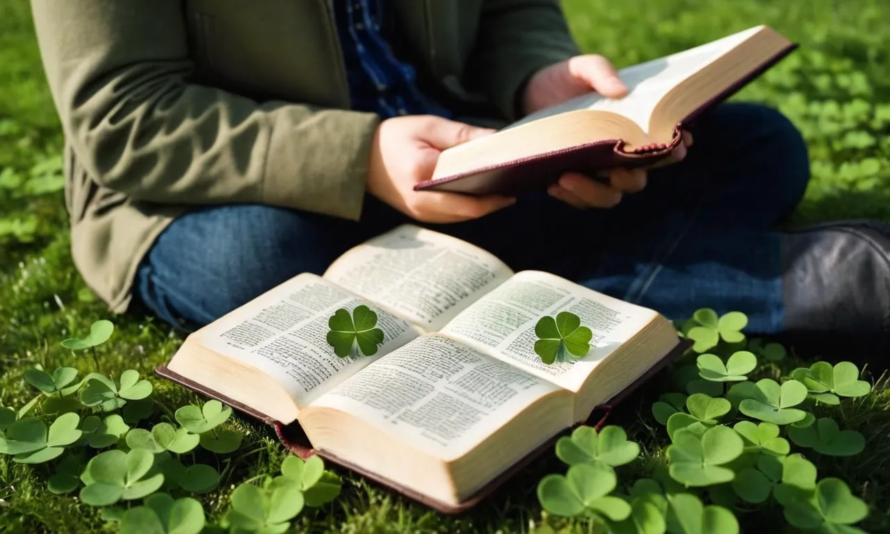 A photo capturing a person reading the Bible, surrounded by four-leaf clovers, symbolizing the search for luck and the guidance sought from scripture.