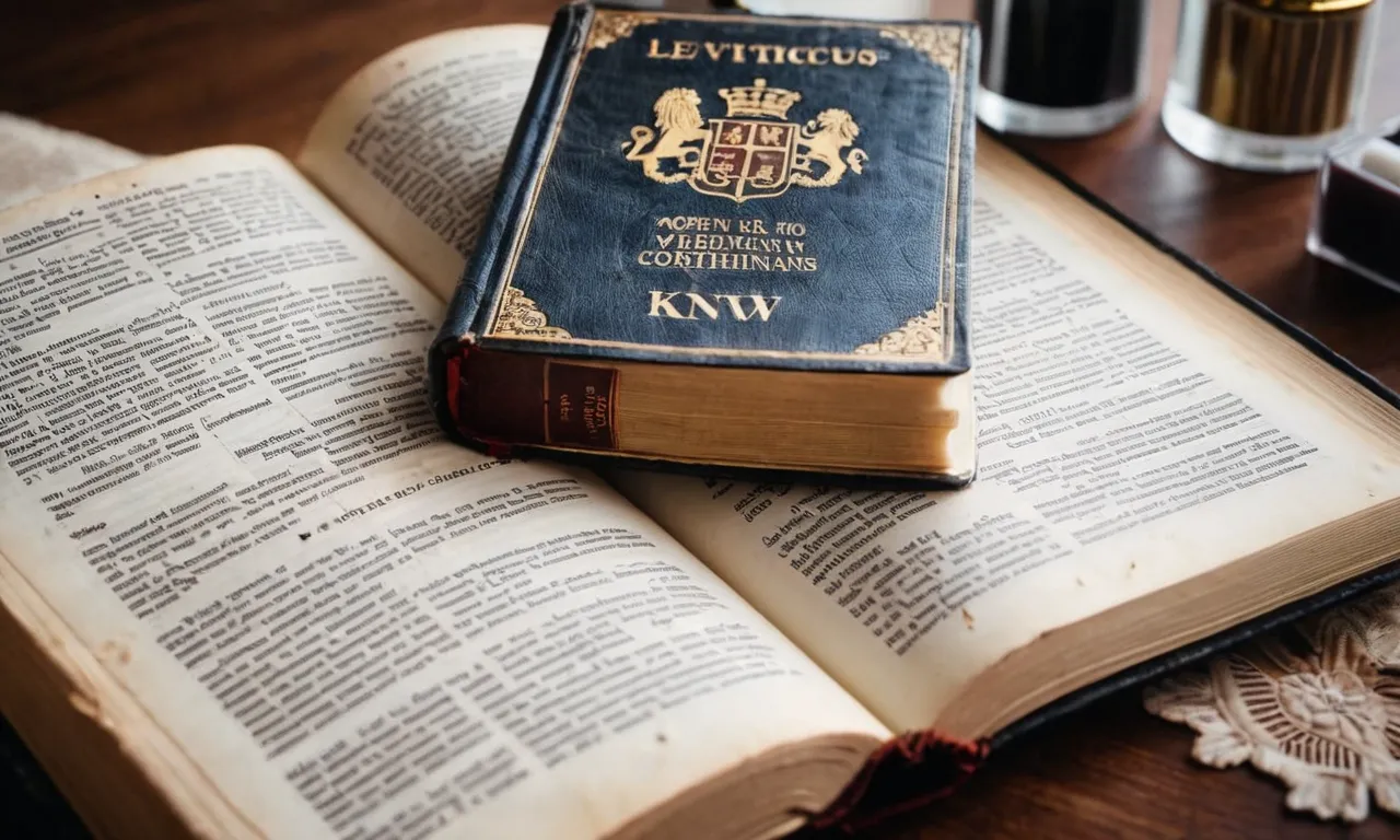 A close-up photo of a well-worn King James Version Bible, open to verses in Leviticus and Corinthians, surrounded by brushes, cosmetic products, and a reflective mirror.