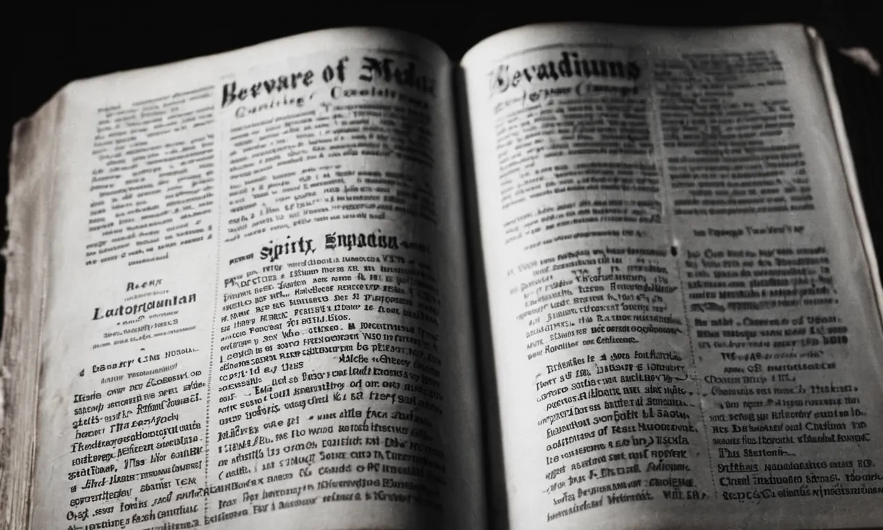 A black and white close-up of a weathered Bible, open to a page with the words "Beware of mediums" highlighted, emphasizing the biblical cautionary message against engaging with spirits.