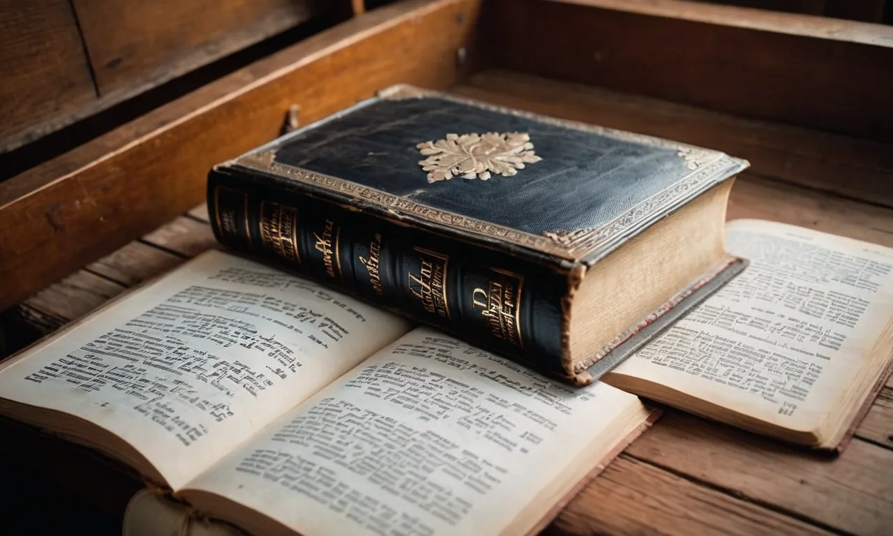 A weathered Bible resting on an antique wooden table, open to a passage about memories, surrounded by faded photographs of cherished moments, evoking nostalgia and reflection.