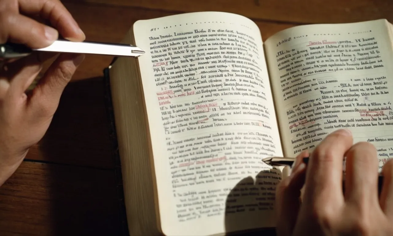 A photo of an open Bible with highlighted verses and a person's hand holding a small notepad, pen poised to write, symbolizing the act of memorizing scripture with dedication and intention.