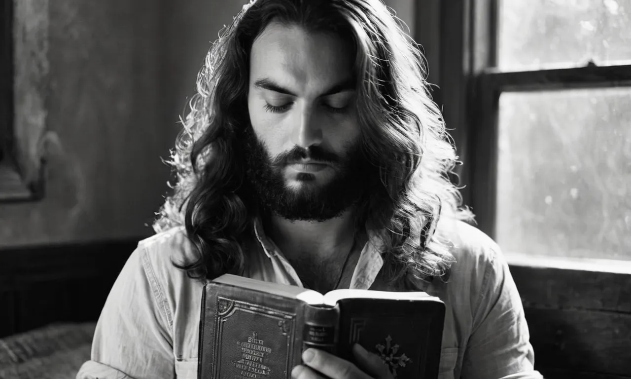 A black and white portrait capturing a man with flowing locks, his eyes closed in deep contemplation, holding a worn Bible close to his chest, symbolizing the spiritual journey of men with long hair.
