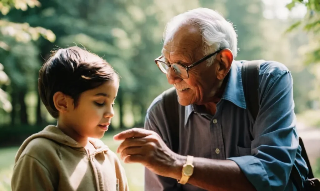 A photo capturing an older person gently guiding a younger individual, symbolizing the biblical concept of mentoring and the passing down of wisdom and guidance from one generation to the next.
