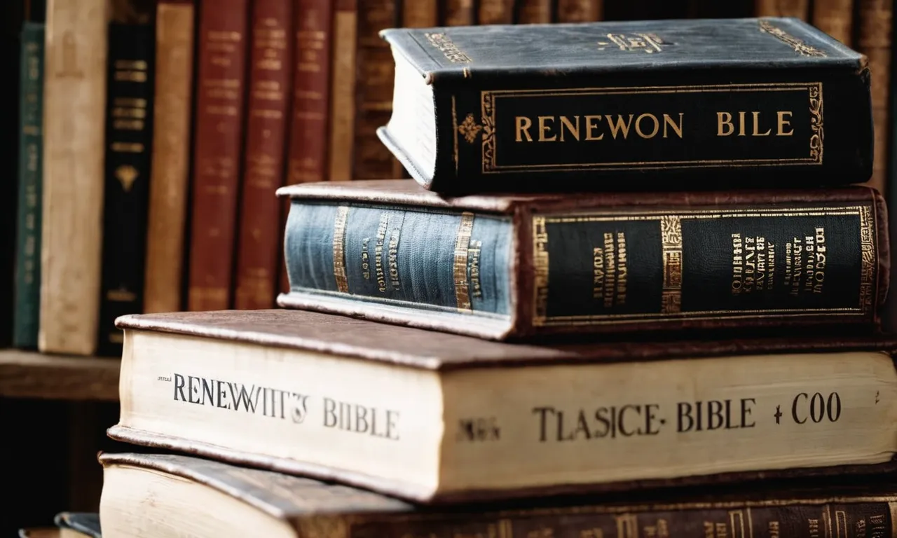 A close-up photo of a weathered Bible resting on a stack of books, with a bookmark highlighting the verse about renewing the mind, symbolizing the Bible's teachings on mindset transformation.