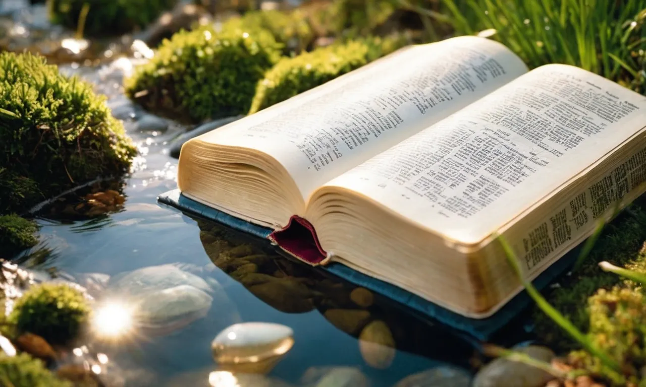A captivating photo portrays a Bible gently resting beside a crystal-clear spring, symbolizing the faith-filled connection between the sacred scriptures and the miraculous properties of the spring water.