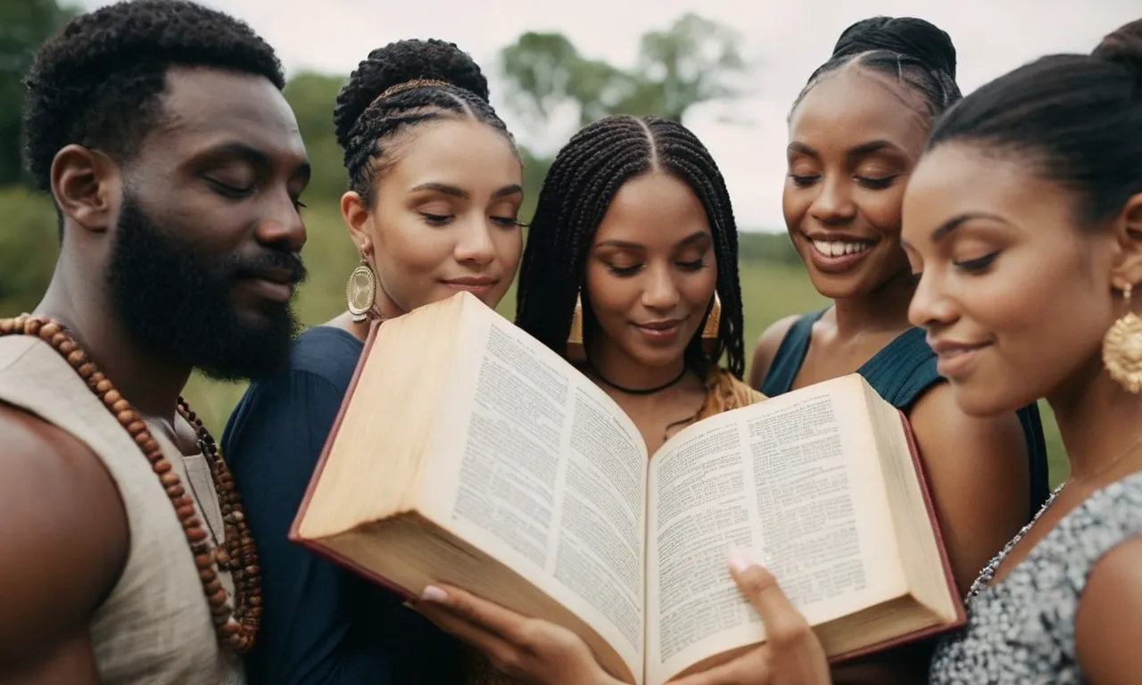 A photo showcasing diverse individuals of different races, peacefully gathered around a Bible, symbolizing unity and highlighting the Bible's message of embracing and loving all races, as mentioned in the King James Version.