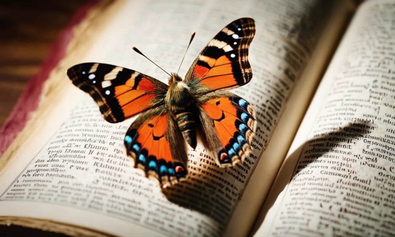 A close-up shot of a vibrant, delicate moth perched on an ancient scripture page, symbolizing the fragility of life and divine teachings found within the Bible.