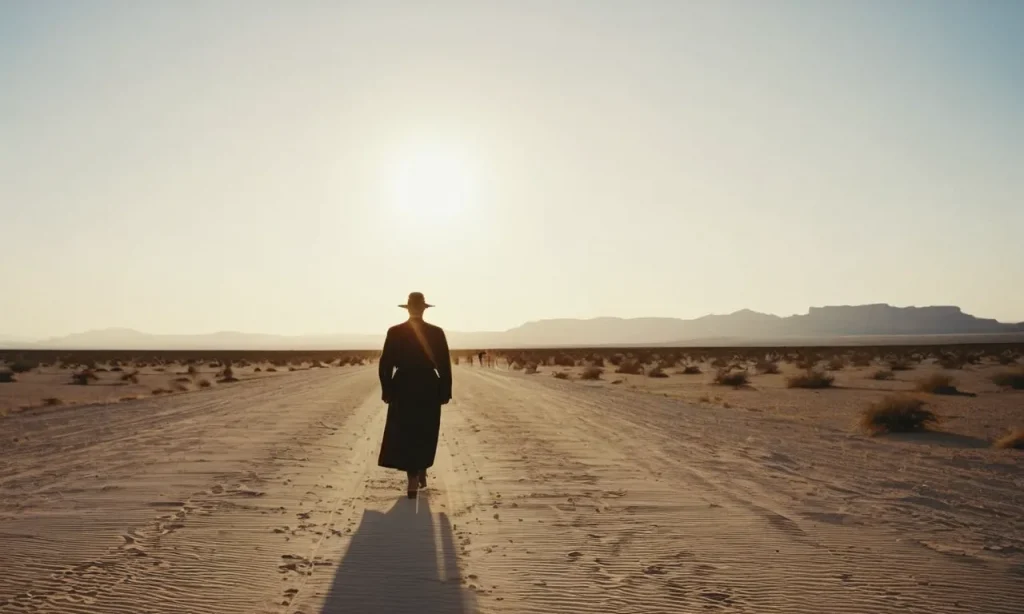 A photo of a serene sunset over a vast desert, with a solitary figure walking away from a group of negative people, symbolizing the Bible's teachings on avoiding negativity.