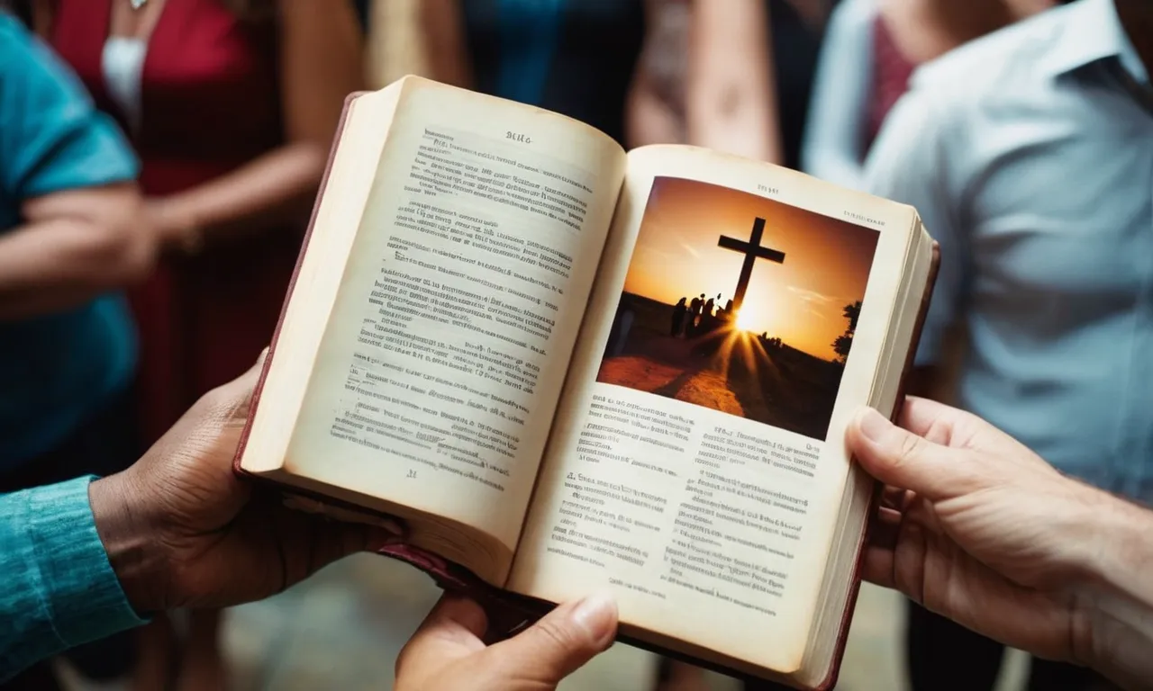 A photo of a Bible open to a passage about unity, surrounded by people from different backgrounds, embracing each other in a non denominational church, symbolizing love, acceptance, and community.
