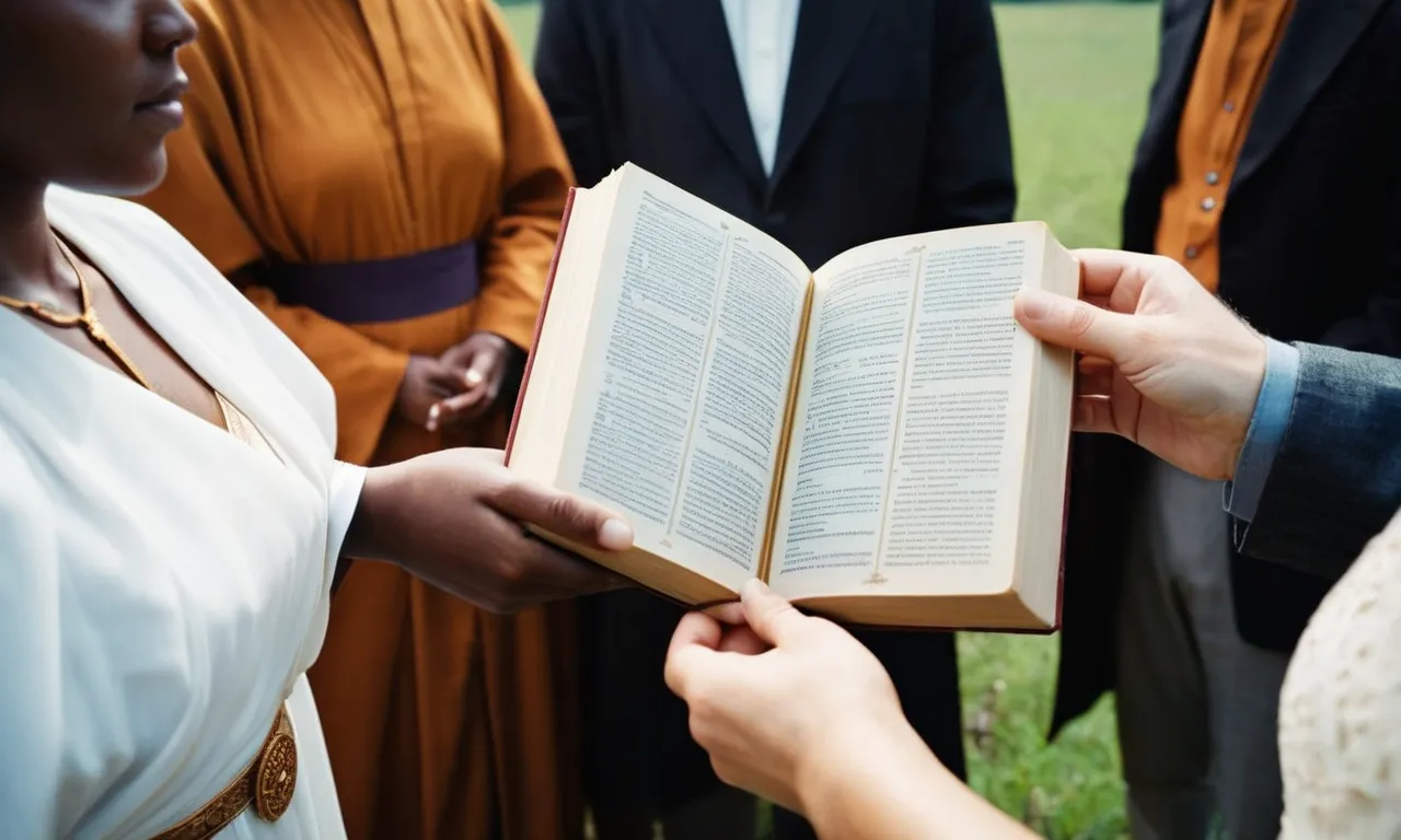 A photo captures a diverse group of individuals holding religious texts, symbolizing the inclusivity and coexistence promoted by the Bible when it comes to embracing and respecting other religions.