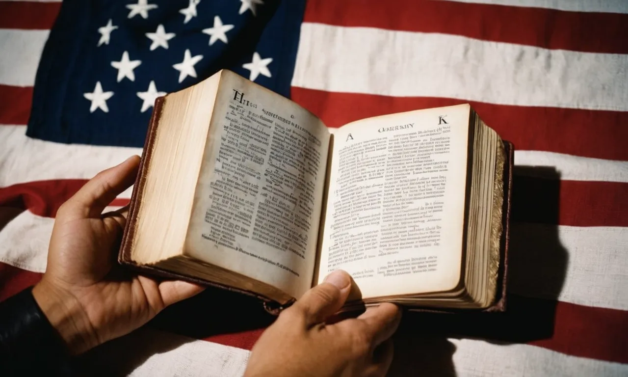 A photo of a person holding an open Bible, with one hand placed on a flag, symbolizing the act of taking a pledge while seeking guidance and wisdom from the scriptures.