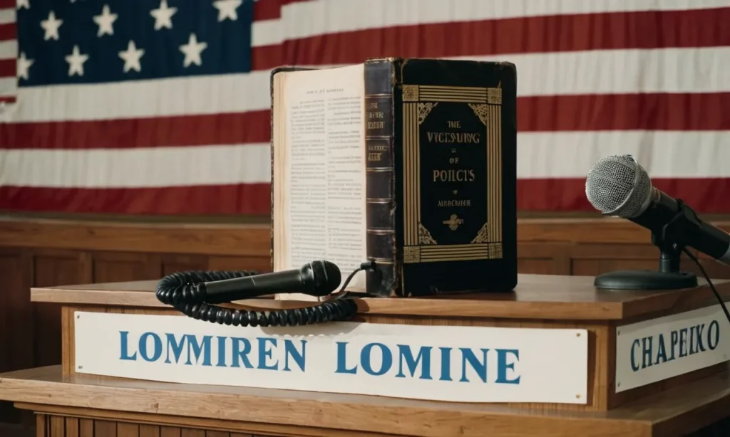 A photo capturing a weathered Bible resting on a podium, surrounded by microphones and campaign posters, symbolizing the intersection of faith and politics.