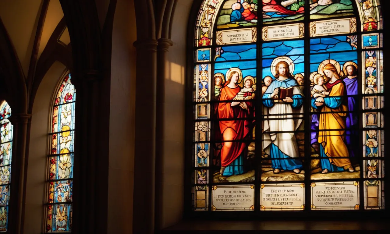 A photograph capturing sunlight streaming through a stained glass window, illuminating a Bible verse about positivity, serving as a reminder of the power of positive thinking.