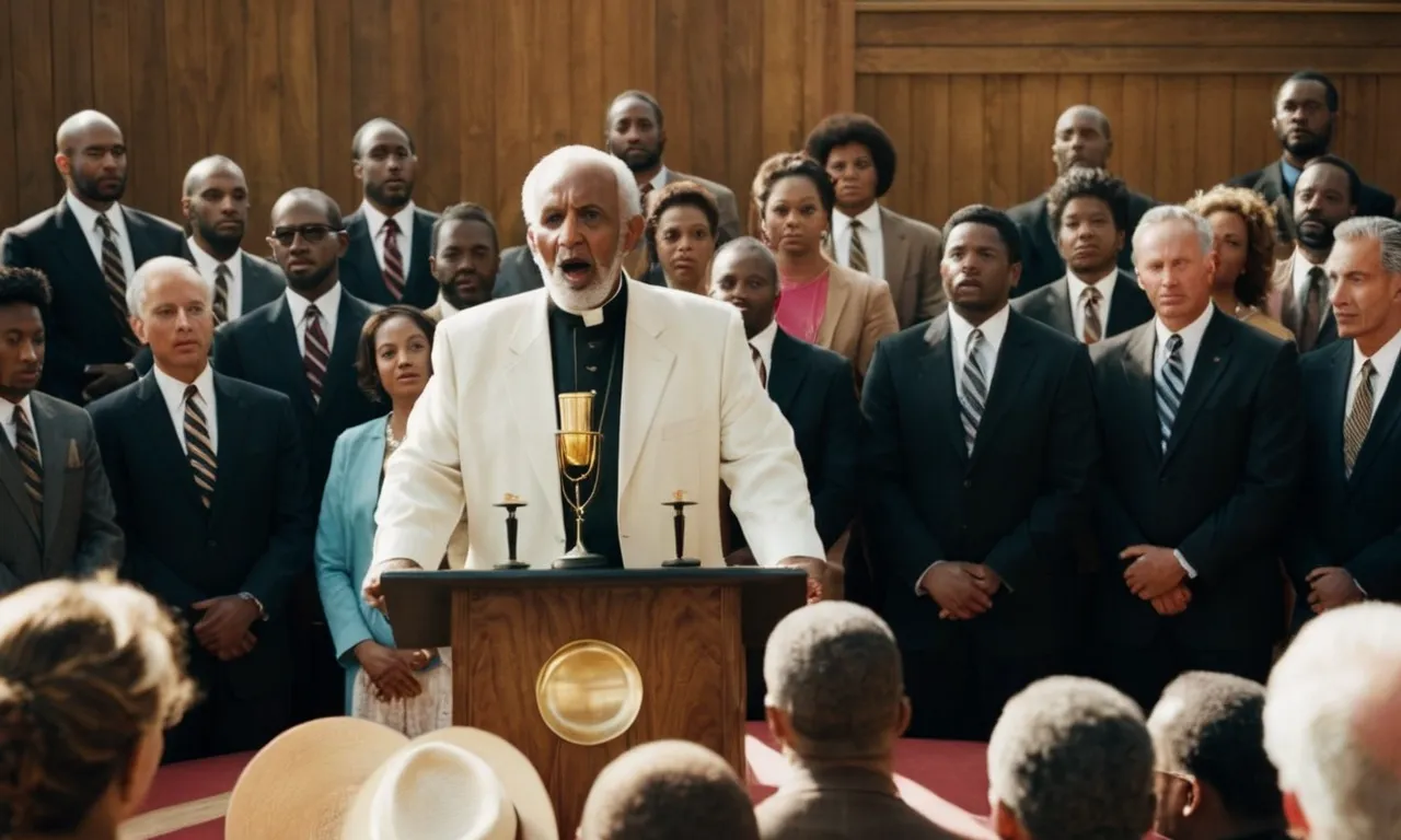 A photo depicting a preacher passionately speaking, surrounded by a crowd of diverse individuals, with a collection plate in the foreground symbolizing the debate on preachers asking for financial contributions.