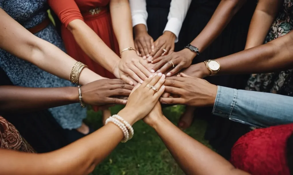 A photograph capturing diverse hands united in prayer, symbolizing the biblical message of love, acceptance, and equality, while condemning racism with the powerful visual of unity and faith.