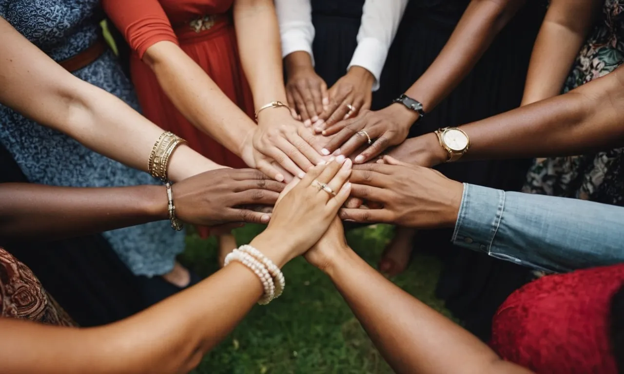 A photograph capturing diverse hands united in prayer, symbolizing the biblical message of love, acceptance, and equality, while condemning racism with the powerful visual of unity and faith.