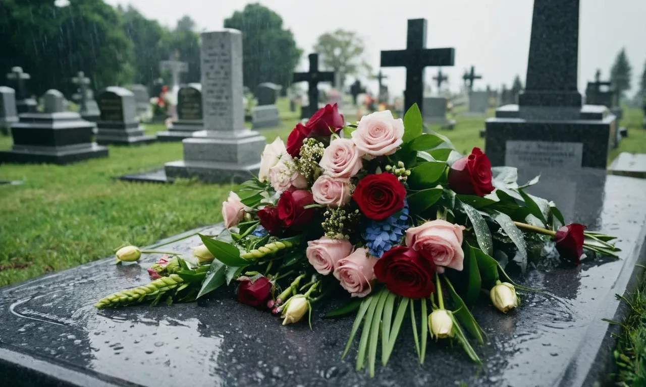 A somber photo captures rain gently cascading on a grave adorned with flowers, invoking the Bible's message of tears mingling with the earth as loved ones bid farewell to the departed.