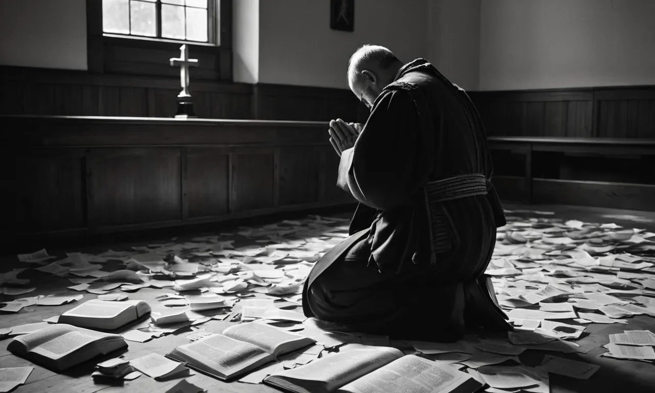 A black and white photograph capturing a solemn figure kneeling in prayer, surrounded by scattered torn pages from the Bible, symbolizing the consequences of rebellion against divine guidance.