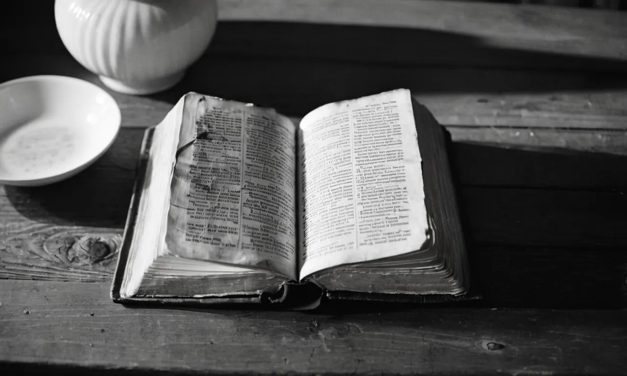 A black-and-white photo captures a worn-out Bible lying open on a wooden table, pages slightly crumpled, highlighting verses on love, forgiveness, and finding solace in times of rejection.