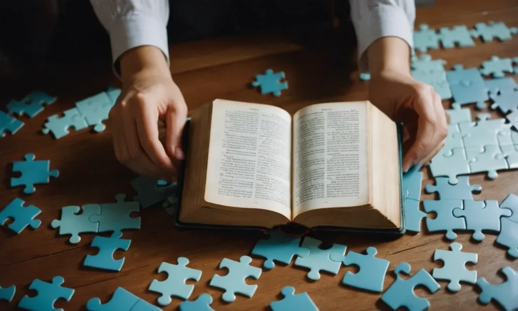 A photo of a person holding a Bible, surrounded by scattered puzzle pieces symbolizing life's challenges, reminding us of our responsibility to piece together our actions in accordance with biblical teachings.