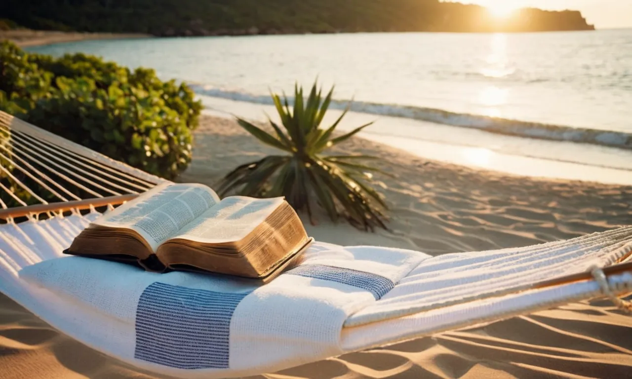 A serene photograph capturing a secluded beach at sunset, with an open Bible resting on a hammock nearby, symbolizing the Bible's message of finding peace, rest, and solace in God's word.