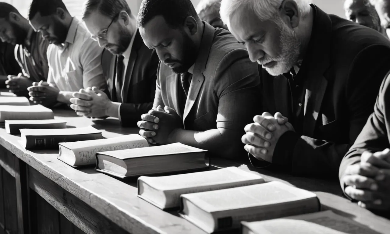 A powerful black and white image of a group of diverse individuals, heads bowed in prayer, surrounded by open Bibles, symbolizing unity and seeking spiritual revival in the last days.