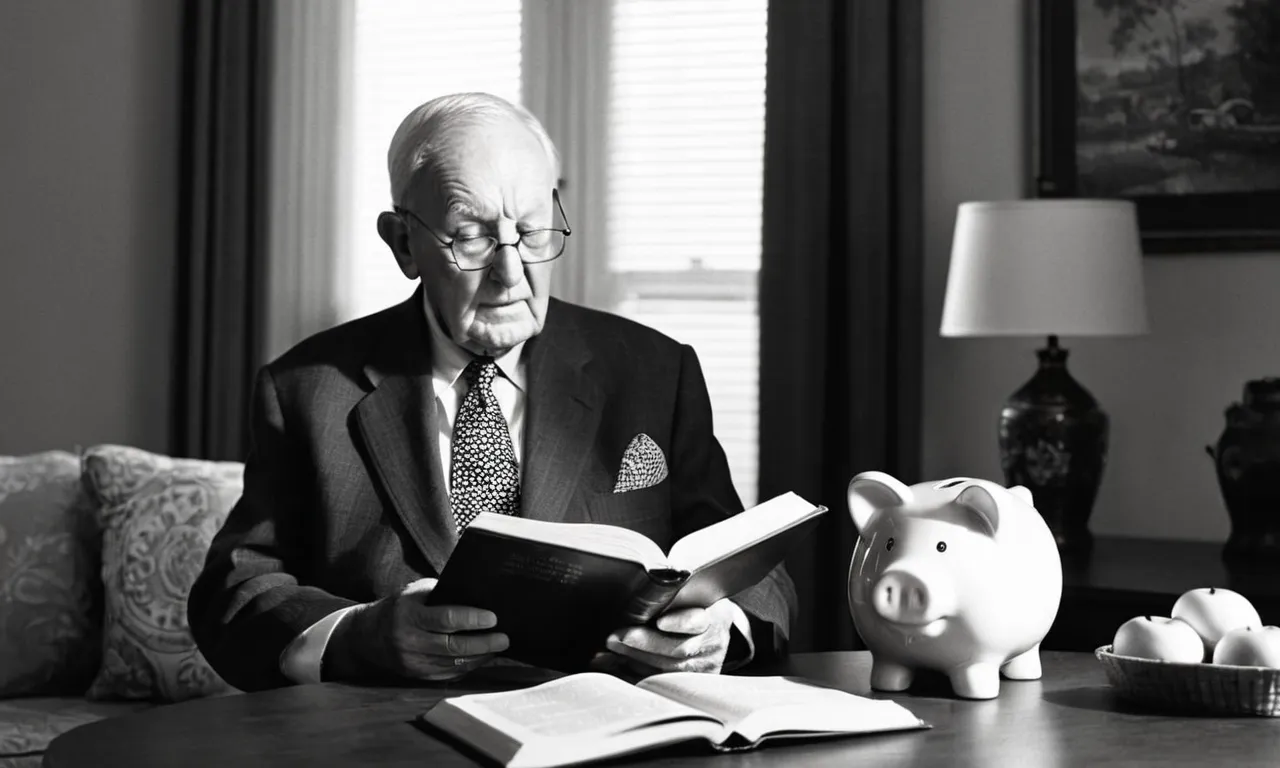 A black and white photograph capturing an elderly man reading the Bible beside a piggy bank, symbolizing the biblical wisdom of saving money for retirement.