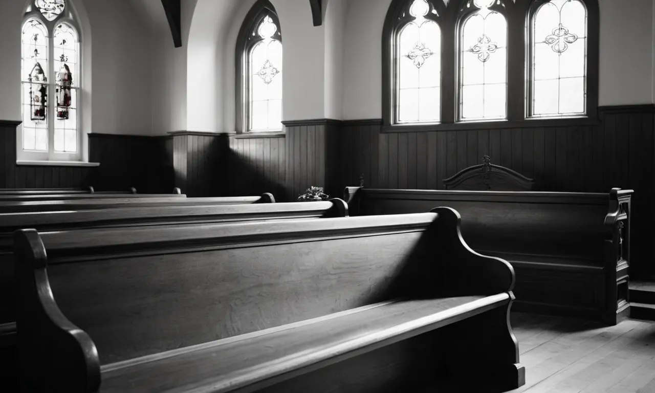 A serene, black-and-white photograph capturing a peaceful church pew, bathed in soft light, symbolizing the contrast between the chaotic world and the tranquility found within the pages of the Bible.