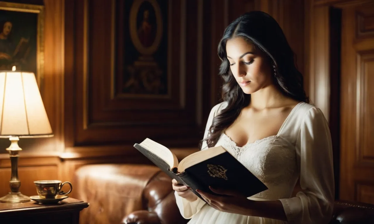 A photo capturing a serene woman reading the Bible, surrounded by a dimly lit room, symbolizing the strength and wisdom found in scripture to resist the allure of a seductive world.