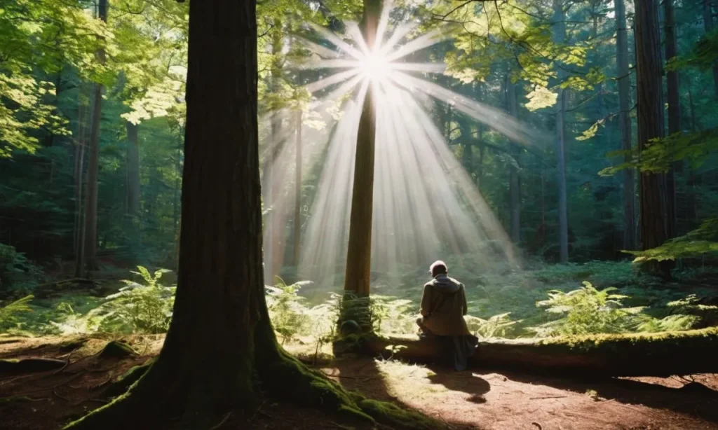 A breathtaking photo captures a solitary figure kneeling in a serene forest, seeking God's guidance, as rays of sunlight pierce through the canopy, symbolizing the divine connection and spiritual quest.