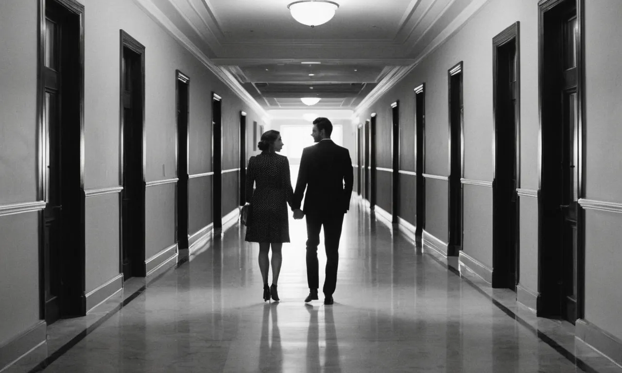A black and white image of a couple standing at opposite ends of a long, empty corridor, symbolizing the emotional and physical separation that can occur in a strained marriage.