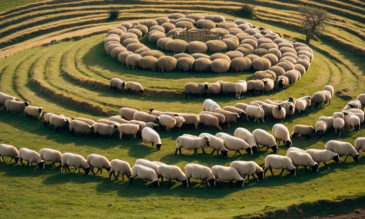 A captivating photo captures a flock of sheep moving in mesmerizing circular patterns, symbolizing the biblical concept of lost sheep seeking guidance and finding solace in the shepherd's care.