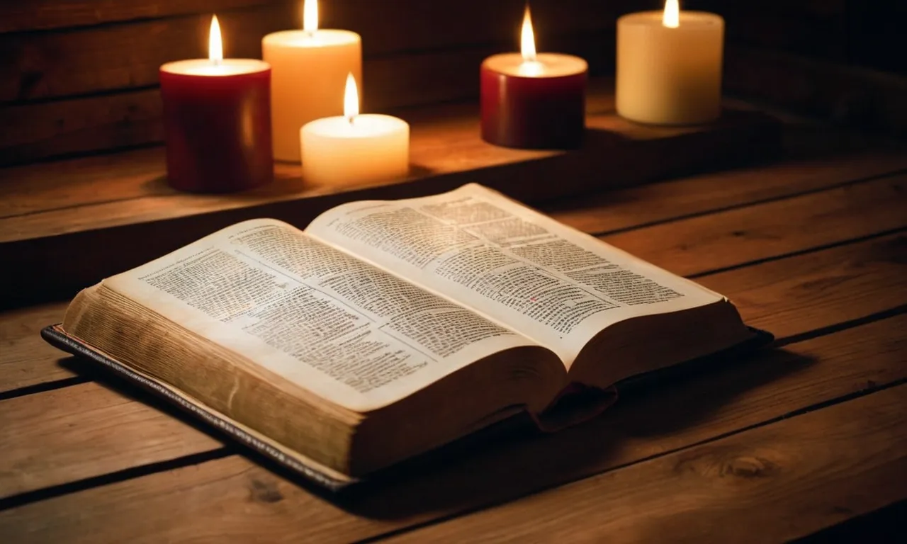 A serene photograph capturing an open Bible resting on a wooden table, surrounded by flickering candlelight, evoking a sense of tranquility and the importance of silence in understanding its profound teachings.