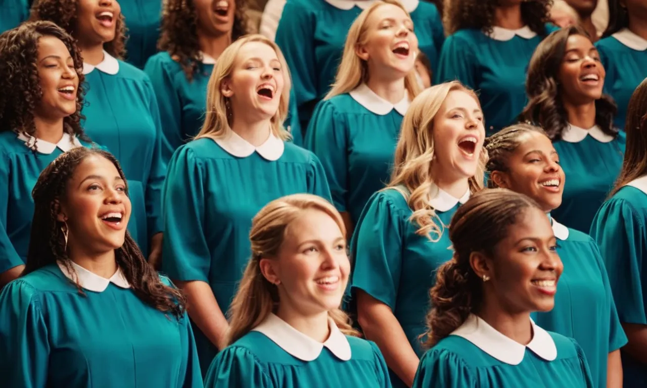 A vibrant close-up of a choir singing joyfully, their faces lit up with expressions of devotion, capturing the essence of unity and worship as described in the Bible.